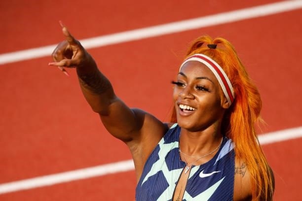 Sha'Carri Richardson reacts after competing in the Women's 100 Meter Semi-finals on day 2 of the 2020 U.S. Olympic Track & Field Team Trials at...