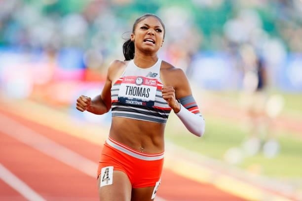 Gabby Thomas competes in the Women's 100 Meter Semi-finals on day 2 of the 2020 U.S. Olympic Track & Field Team Trials at Hayward Field on June 19,...