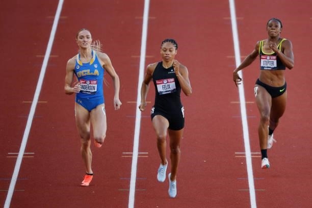Allyson Felix competes in the Women's 400 Meters Semi-Finals on day 2 of the 2020 U.S. Olympic Track & Field Team Trials at Hayward Field on June 19,...