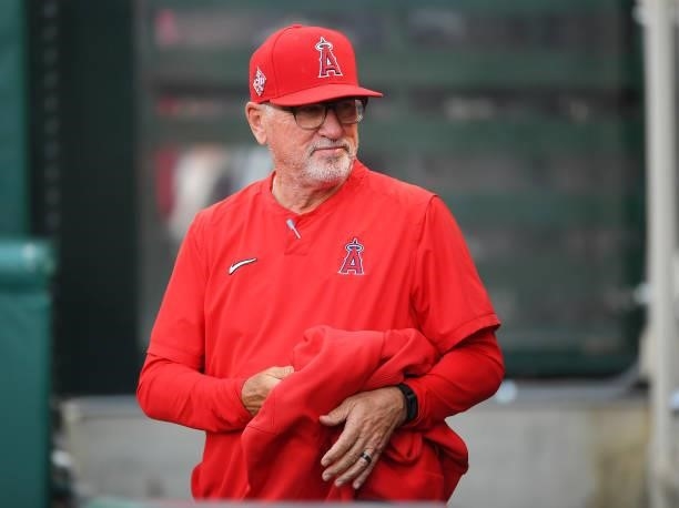 Manager Joe Maddon of the Los Angeles Angels in the dugout during the game against the Detroit Tigers at Angel Stadium of Anaheim on June 18, 2021 in...
