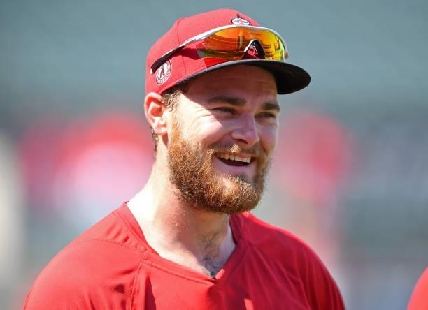 Jared Walsh of the Los Angeles Angels laughs during batting practice before the game against the Detroit Tigers at Angel Stadium of Anaheim on June...