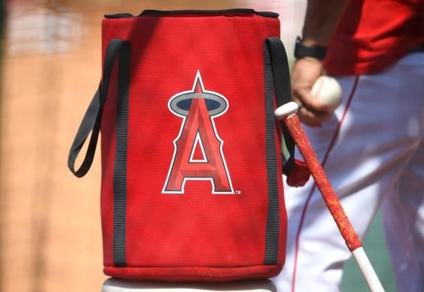 Coach takes balls from a bag during batting practice before the game against the Detroit Tigers at Angel Stadium of Anaheim on June 18, 2021 in...