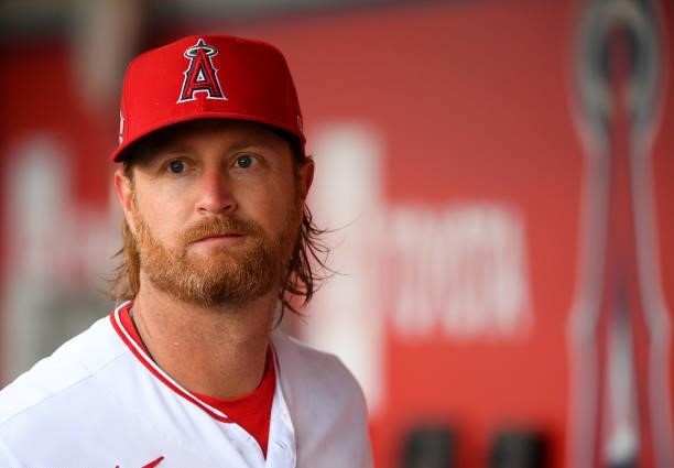 Alex Cobb of the Los Angeles Angels in the dugout during the game against the Detroit Tigers at Angel Stadium of Anaheim on June 18, 2021 in Anaheim,...