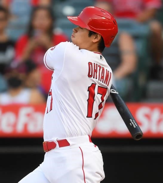 Shohei Ohtani of the Los Angeles Angels at bat in the game against the Detroit Tigers at Angel Stadium of Anaheim on June 18, 2021 in Anaheim,...