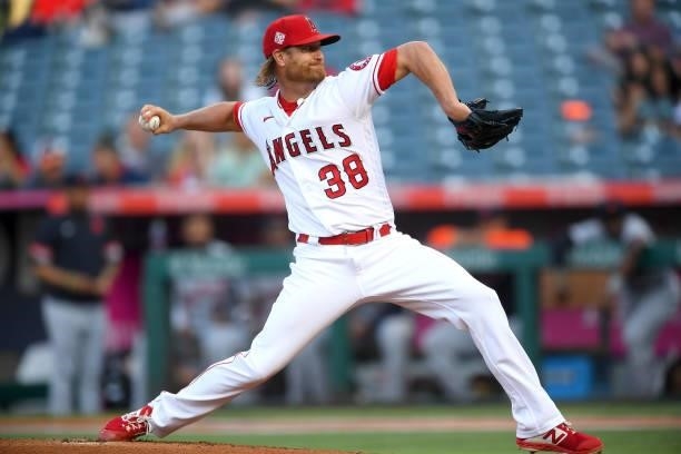 Alex Cobb of the Los Angeles Angels pitches in the game against the Detroit Tigers at Angel Stadium of Anaheim on June 18, 2021 in Anaheim,...
