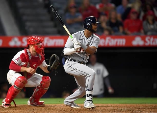 Willi Castro of the Detroit Tigers at bat in the game against the Los Angeles Angels at Angel Stadium of Anaheim on June 18, 2021 in Anaheim,...