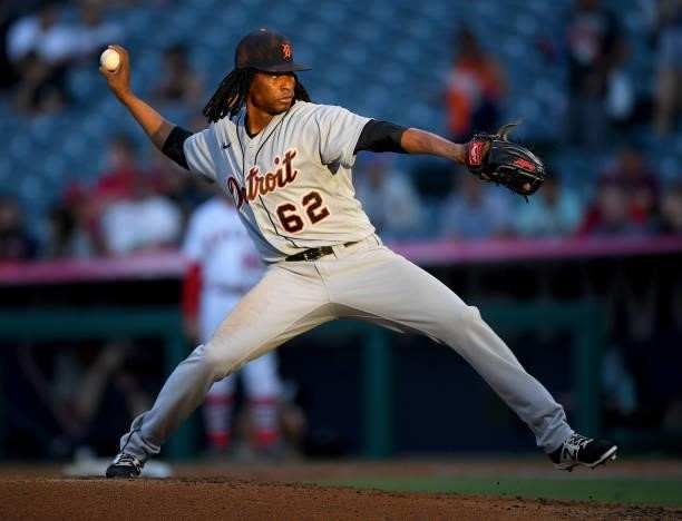Jose Urena of the Detroit Tigers pitches in the game against the Los Angeles Angels at Angel Stadium of Anaheim on June 18, 2021 in Anaheim,...