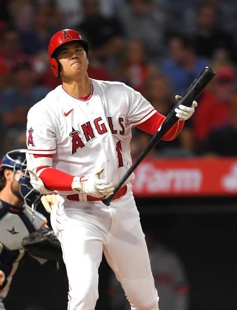 Shohei Ohtani of the Los Angeles Angels at bat in the game against the Detroit Tigers at Angel Stadium of Anaheim on June 18, 2021 in Anaheim,...
