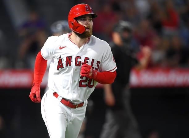 Jared Walsh of the Los Angeles Angels runs to first after hitting a home run in the game against the Detroit Tigers at Angel Stadium of Anaheim on...