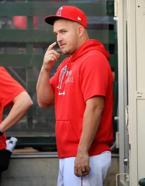 Mike Trout of the Los Angeles Angels in the dugout during the game against the Detroit Tigers at Angel Stadium of Anaheim on June 18, 2021 in...