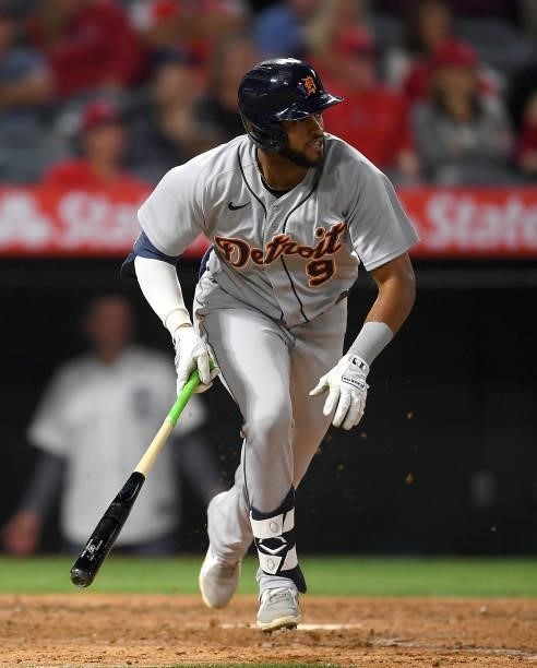 Willi Castro of the Detroit Tigers at bat in the game against the Los Angeles Angels at Angel Stadium of Anaheim on June 18, 2021 in Anaheim,...