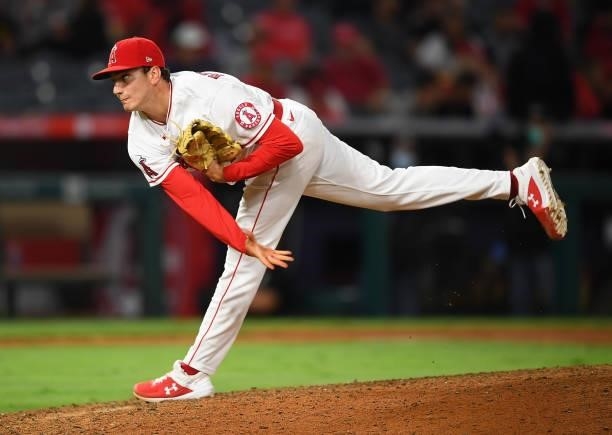 Chris Rodriguez of the Los Angeles Angels pitches in the game against the Detroit Tigers at Angel Stadium of Anaheim on June 18, 2021 in Anaheim,...