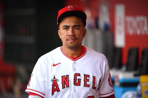 Kean Wong of the Los Angeles Angels in the dugout during the game against the Detroit Tigers at Angel Stadium of Anaheim on June 18, 2021 in Anaheim,...