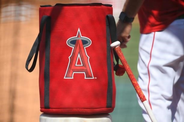 Coach takes balls from a bag during batting practice before the game against the Detroit Tigers at Angel Stadium of Anaheim on June 18, 2021 in...