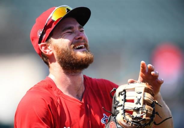 Jared Walsh of the Los Angeles Angels laughs during batting practice before the game against the Detroit Tigers at Angel Stadium of Anaheim on June...