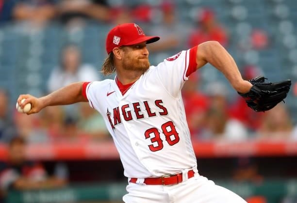 Alex Cobb of the Los Angeles Angels pitches in the game against the Detroit Tigers at Angel Stadium of Anaheim on June 18, 2021 in Anaheim,...