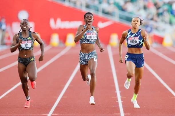 Lynna Irby, Wadeline Jonathas and Kaylin Whitney compete in the Women's 400 Meters Semi-Finals on day 2 of the 2020 U.S. Olympic Track & Field Team...