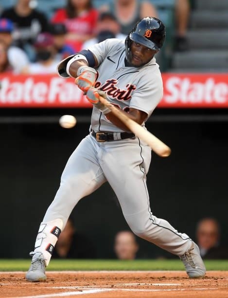 Akil Baddoo of the Detroit Tigers at bat in the game against the Los Angeles Angels at Angel Stadium of Anaheim on June 18, 2021 in Anaheim,...