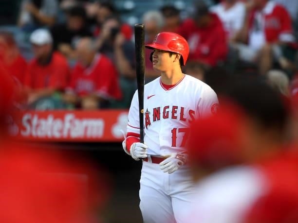 Shohei Ohtani of the Los Angeles Angels waits on deck in the game against the Detroit Tigers at Angel Stadium of Anaheim on June 18, 2021 in Anaheim,...