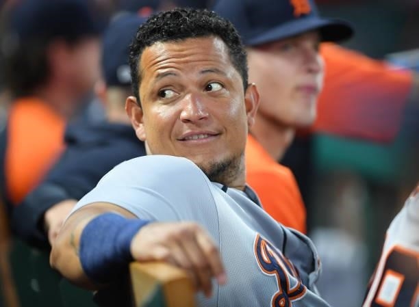 Miguel Cabrera of the Detroit Tigers looks on from the dugout during the game against the Los Angeles Angels at Angel Stadium of Anaheim on June 18,...