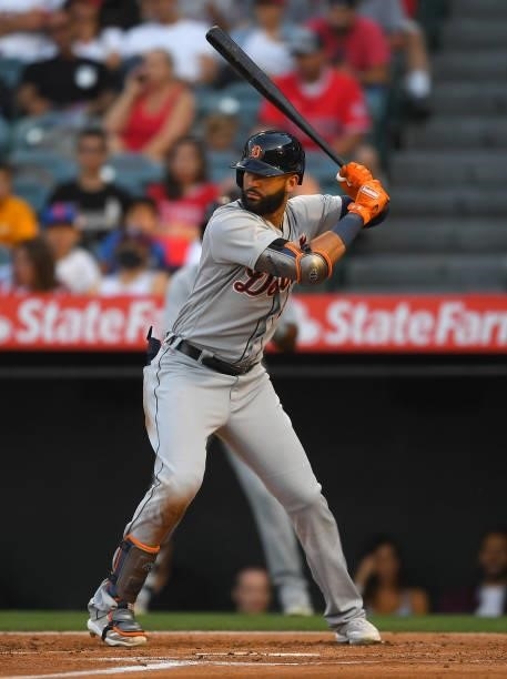Eric Haase of the Detroit Tigers at bat in the game against the Los Angeles Angels at Angel Stadium of Anaheim on June 18, 2021 in Anaheim,...