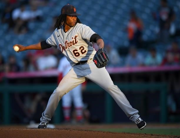 Jose Urena of the Detroit Tigers pitches in the game against the Los Angeles Angels at Angel Stadium of Anaheim on June 18, 2021 in Anaheim,...