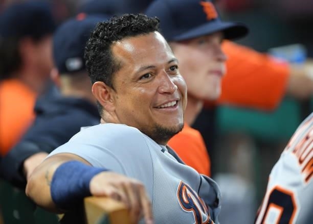 Miguel Cabrera of the Detroit Tigers looks on from the dugout during the game against the Los Angeles Angels at Angel Stadium of Anaheim on June 18,...