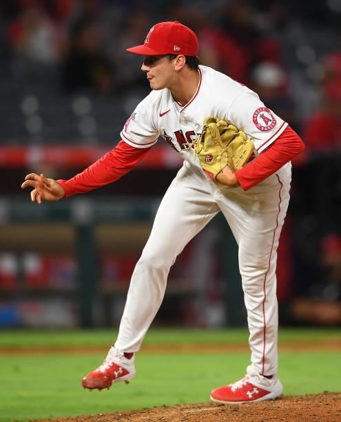 Chris Rodriguez of the Los Angeles Angels pitches in the game against the Detroit Tigers at Angel Stadium of Anaheim on June 18, 2021 in Anaheim,...
