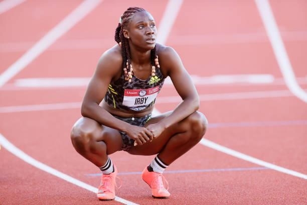 Lynna Irby reacts after competing in the Women's 400 Meters Semi-Finals on day 2 of the 2020 U.S. Olympic Track & Field Team Trials at Hayward Field...