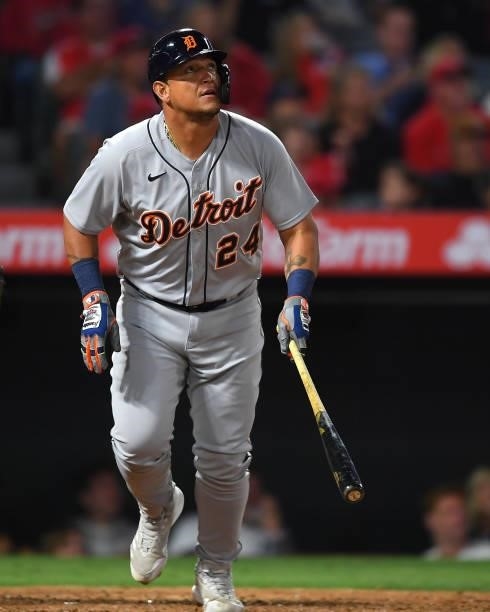 Miguel Cabrera of the Detroit Tigers hits a double in the game against the Los Angeles Angels at Angel Stadium of Anaheim on June 18, 2021 in...