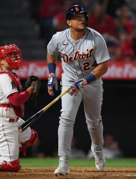 Miguel Cabrera of the Detroit Tigers hits a double in the game against the Los Angeles Angels at Angel Stadium of Anaheim on June 18, 2021 in...