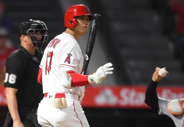 Shohei Ohtani of the Los Angeles Angels at bat in the eighth against the Detroit Tigers at Angel Stadium of Anaheim on June 18, 2021 in Anaheim,...