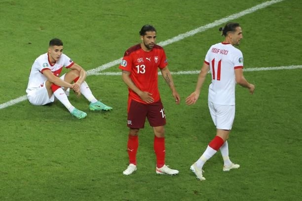 Turkey looking disappointed during the UEFA Euro 2020 match between Switzerland and Turkey at Baku Olympic Stadium on June 20, 2021 in Baku,...
