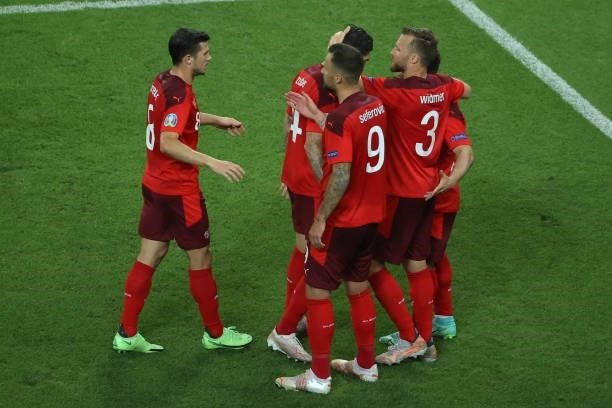 Xherdan Shaqiri of Switzerland celebrating his goal with his teammates during the UEFA Euro 2020 match between Switzerland and Turkey at Baku Olympic...