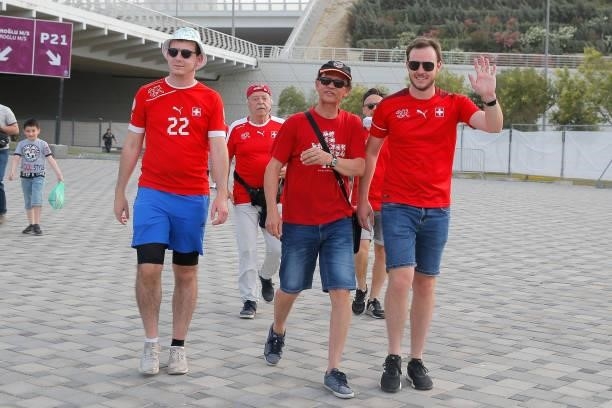 Swiss football fans during the UEFA Euro 2020 match between Switzerland and Turkey at Baku Olympic Stadium on June 20, 2021 in Baku, Azerbaijan