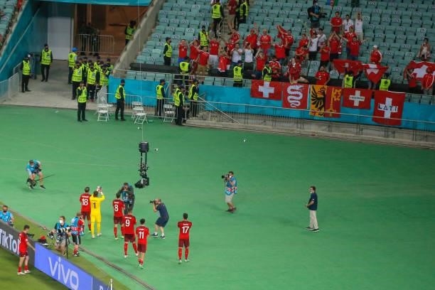 Switzerland celebrating with the fans during the UEFA Euro 2020 match between Switzerland and Turkey at Baku Olympic Stadium on June 20, 2021 in...