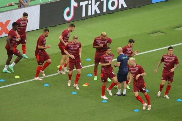 Switzerland warming up during the UEFA Euro 2020 match between Switzerland and Turkey at Baku Olympic Stadium on June 20, 2021 in Baku, Azerbaijan