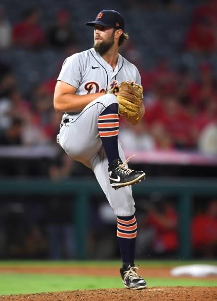 Daniel Norris of the Detroit Tigers pitches in the game against the Los Angeles Angels at Angel Stadium of Anaheim on June 18, 2021 in Anaheim,...