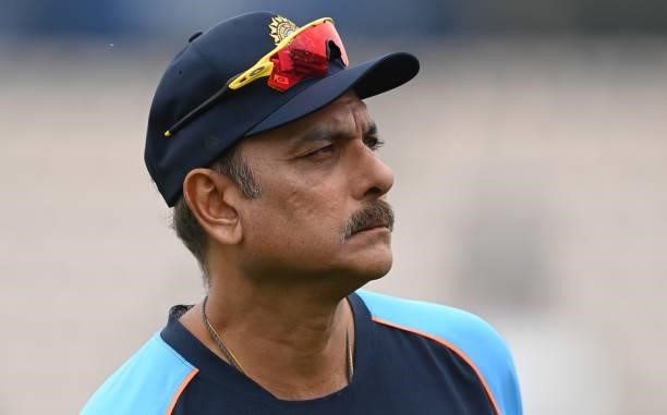 Ravi Shastri of India looks on before Day 3 of the ICC World Test Championship Final between India and New Zealand at The Hampshire Bowl on June 20,...