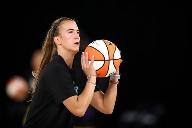 Guard Sabrina Ionescu of the New York Liberty warms up before the game against the Los Angeles Sparks at Los Angeles Convention Center on June 20,...