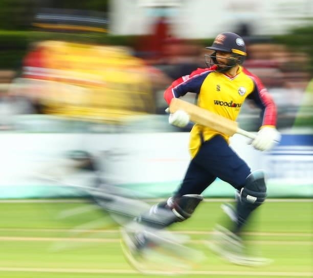 Aron Nijjar of Essex Eagles runs during the Vitality T20 Blast match between Kent Spitfires and Essex Eagles at The Spitfire Ground on June 20, 2021...
