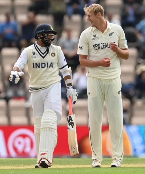 Mohammad Shami of India and Kyle Jamieson of New Zealand share a joke during Day 3 of the ICC World Test Championship Final between India and New...