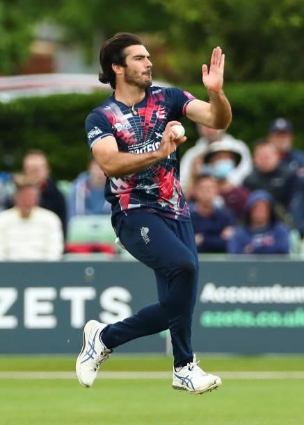 Grant Stewart of Kent Spitfires bowls during the Vitality T20 Blast match between Kent Spitfires and Essex Eagles at The Spitfire Ground on June 20,...