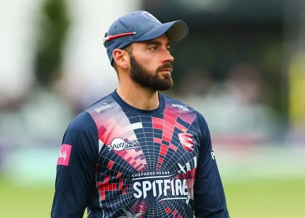 Jack Leaning of Kent Spitfires looks on during the Vitality T20 Blast match between Kent Spitfires and Essex Eagles at The Spitfire Ground on June...