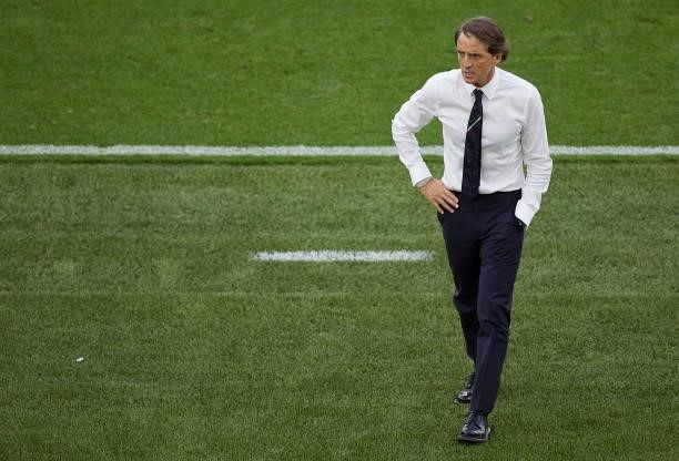 Roberto Mancini, Manager of Italy looks on during the UEFA Euro 2020 Championship Group A match between Italy and Wales at Olimpico Stadium on June...