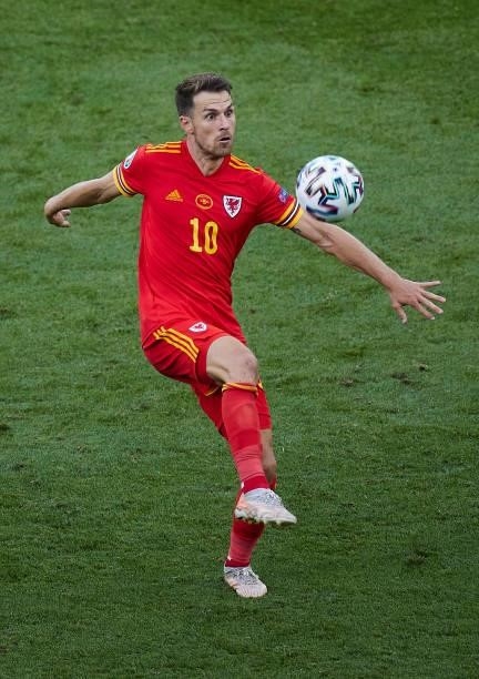 Aaron Ramsey of Wales controls the ball during the UEFA Euro 2020 Championship Group A match between Italy and Wales at Olimpico Stadium on June 20,...