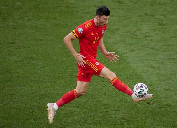 Kieffer Moore of Wales controls the ball during the UEFA Euro 2020 Championship Group A match between Italy and Wales at Olimpico Stadium on June 20,...