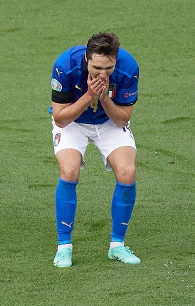 Federico Chiesa of Italy yells during the UEFA Euro 2020 Championship Group A match between Italy and Wales at Olimpico Stadium on June 20, 2021 in...