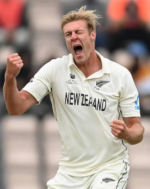 Kyle Jamieson of New Zealand celebrates after dismissing Virat Kohli of India during Day 3 of the ICC World Test Championship Final between India and...