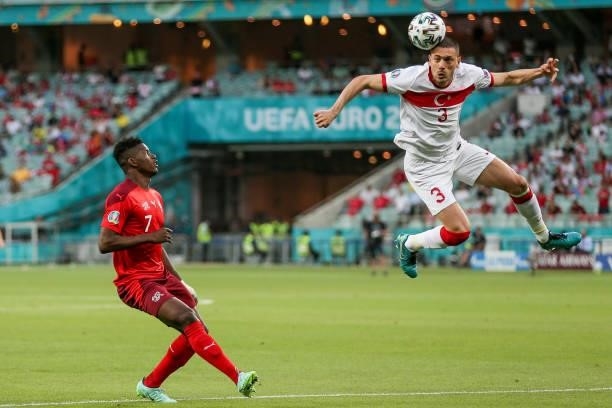 Merih Demiral of Turkey fights for the ball with Breel Embolo of Switzerland during the UEFA Euro 2020 Championship Group A match between Switzerland...